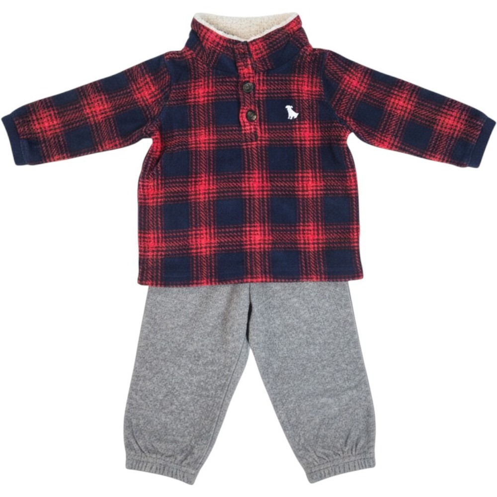 Carters 12M Baby Boy Red Navy Plaid Fleece Pullover and Gray Pants Set NEW